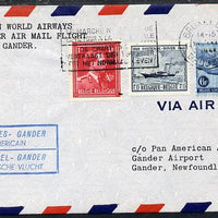 Belgium 1946 Pan American Airways First Clipper Air Mail Flight cover to Newfoundland with special 'Brussels to Gander' Cachet and bearing Paddle Steamer & Air stamps (SG 1165 & 1176)