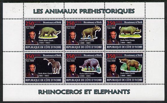 Ivory Coast 2009 Charles Darwin - Prehistoric Animals perf sheetlet containing 6 values unmounted mint