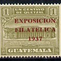 Guatemala 1937 1c olive (GPO Building) opt'd 'Exposicion Filatelica 1937' unmounted mint SG 324