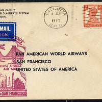 India 1947 Pan American Airways First Clipper Air Mail Flight cover to USA with special 'Calcutta to San Francisco' Illustrated Cachet (Golden Gate Bridge & Taj Mahal) in red bearing KG6 2as & 1r