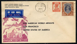 India 1947 Pan American Airways First Clipper Air Mail Flight cover to USA with special 'Calcutta to San Francisco' Illustrated Cachet (Golden Gate Bridge & Taj Mahal) in red bearing KG6 2as & 1r