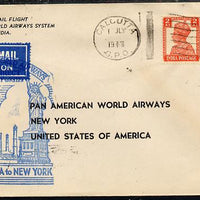 India 1947 Pan American Airways First Clipper Air Mail Flight cover to USA with special 'Calcutta to New York' Illustrated Cachet (Statue of Liberty & Taj Mahal) in blue bearing KG6 2as & 1r