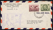 Australia 1947 Pan American Airways First Clipper Air Mail Flight cover Sydney to Honolulu with special illustrated Cachet (Map of Route) bearing Hermes 1s6d & Mitchell 1s adhesives