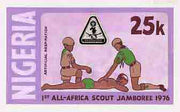 Nigeria 1977 First All-Africa Scout Jamboree - original hand-painted artwork for 25k value (Scouts applying Artificial Respiration) by unknown artist, on board 8.5" x 5"