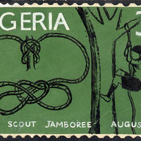 Nigeria 1963 11th World Scout Jamboree - original hand-painted artwork for 3d value (Scout climbing Tree & Knots) by unknown artist on card 6.5" x 4"