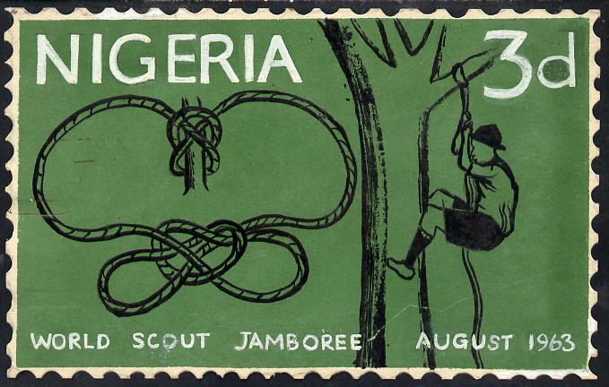 Nigeria 1963 11th World Scout Jamboree - original hand-painted artwork for 3d value (Scout climbing Tree & Knots) by unknown artist on card 6.5" x 4"