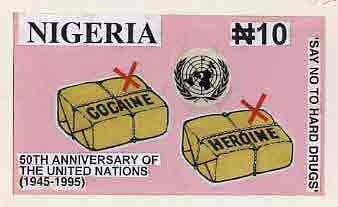 Nigeria 1995 50th Anniversary of United Nations - original hand-painted artwork for N10 value (Say No To Hard Drugs) on board 8.5