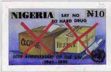 Nigeria 1995 50th Anniversary of United Nations - original hand-painted artwork for N10 value by Remi Adeyemi (Say No To Hard Drugs) on board 8.5