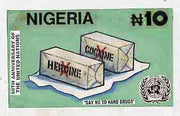 Nigeria 1995 50th Anniversary of United Nations - original hand-painted artwork for N10 value by Godrick N Osuji (Say No To Hard Drugs) on card 8.5" x 5" endorsed D1