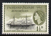 Falkland Islands Dependencies 1954-62 Ships 1.5d Wyatt Earp Waterlow printing, SG G28*