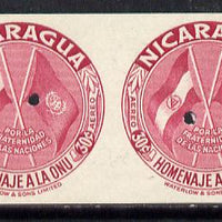 Nicaragua 1954 United Nations 30c (Flags) in unmounted mint IMPERF proof pair from the Waterlow archives, each with tiny security puncture, SG 1205