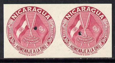 Nicaragua 1954 United Nations 30c (Flags) in unmounted mint IMPERF proof pair from the Waterlow archives, each with tiny security puncture, SG 1205