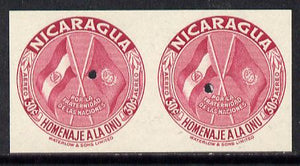 Nicaragua 1954 United Nations 30c (Flags) in unmounted mint IMPERF proof pair from the Waterlow archives, each with tiny security puncture, SG 1205