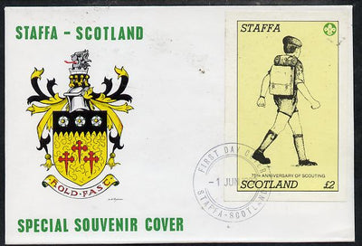 Staffa 1982 75th Anniversary of Scouting imperf deluxe sheet (£2 value showing Scout with Back-pack) on cover with first day cancel