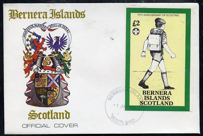 Bernera 1982 75th Anniversary of Scouting imperf deluxe sheet (£2 value showing Scout with Back-pack) on cover with first day cancel