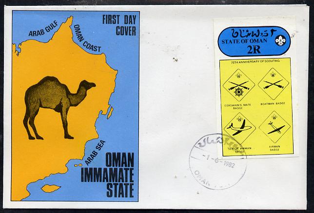 Oman 1982 75th Anniversary of Scouting imperf souvenir sheet (2R value showing Badges) on cover with first day cancel