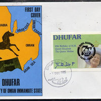 Dhufar 1985 Life & Times of HM Queen Mother imperf souvenir sheet (2R value) with Girl Guide 75th Anniversary opt in black, on cover with first day cancel