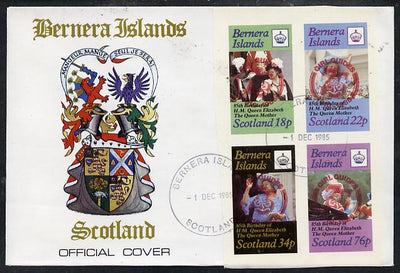 Bernera 1985 Life & Times of HM Queen Mother imperf set of 4 with Girl Guide 75th Anniversary opt in red, on cover with first day cancel