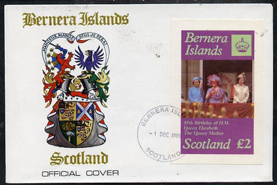 Bernera 1985 Life & Times of HM Queen Mother imperf deluxe sheet (£2 value) with Girl Guide 75th Anniversary opt in red, on cover with first day cancel