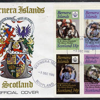 Bernera 1985 Life & Times of HM Queen Mother perf set of 4 with Girl Guide 75th Anniversary opt in black, on cover with first day cancel