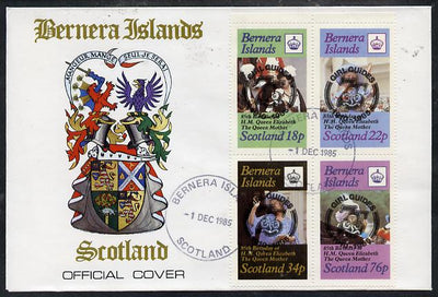 Bernera 1985 Life & Times of HM Queen Mother perf set of 4 with Girl Guide 75th Anniversary opt in black, on cover with first day cancel