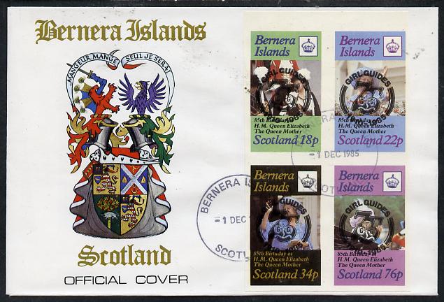 Bernera 1985 Life & Times of HM Queen Mother imperf set of 4 with Girl Guide 75th Anniversary opt in black, on cover with first day cancel