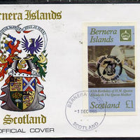 Bernera 1985 Life & Times of HM Queen Mother imperf souvenir sheet (£1 value) with Girl Guide 75th Anniversary opt in black, on cover with first day cancel