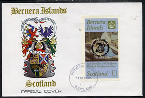 Bernera 1985 Life & Times of HM Queen Mother imperf souvenir sheet (£1 value) with Girl Guide 75th Anniversary opt in black, on cover with first day cancel