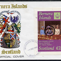 Bernera 1985 Life & Times of HM Queen Mother imperf deluxe sheet (£2 value) with Girl Guide 75th Anniversary opt in black, on cover with first day cancel