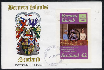 Bernera 1985 Life & Times of HM Queen Mother imperf deluxe sheet (£2 value) with Girl Guide 75th Anniversary opt in black, on cover with first day cancel