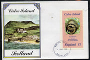 Calve Island 1985 Life & Times of HM Queen Mother imperf souvenir sheet (£1 value) with Girl Guide 75th Anniversary opt in black, on cover with first day cancel