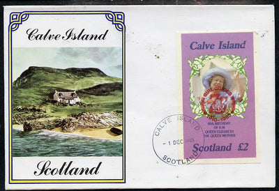 Calve Island 1985 Life & Times of HM Queen Mother imperf deluxe sheet (£2 value) with Girl Guide 75th Anniversary opt in red, on cover with first day cancel