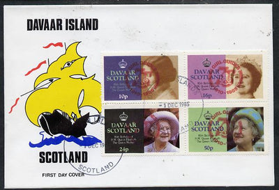 Davaar Island 1985 Life & Times of HM Queen Mother perf set of 4 with Girl Guide 75th Anniversary opt in red, on cover with first day cancel