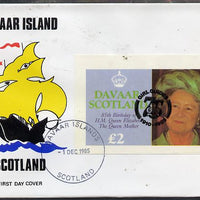 Davaar Island 1985 Life & Times of HM Queen Mother imperf deluxe sheet (£2 value) with Girl Guide 75th Anniversary opt in black, on cover with first day cancel