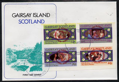 Gairsay 1985 Life & Times of HM Queen Mother imperf set of 4 with Girl Guide 75th Anniversary opt in red, on cover with first day cancel