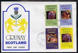 Grunay 1985 Life & Times of HM Queen Mother perf set of 4 with Girl Guide 75th Anniversary opt in red, on cover with first day cancel