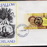 Eynhallow 1985 Life & Times of HM Queen Mother imperf souvenir sheet (£1 value) with Girl Guide 75th Anniversary opt in black, on cover with first day cancel