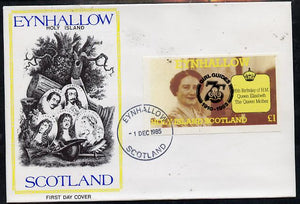 Eynhallow 1985 Life & Times of HM Queen Mother imperf souvenir sheet (£1 value) with Girl Guide 75th Anniversary opt in black, on cover with first day cancel