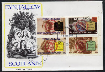 Eynhallow 1985 Life & Times of HM Queen Mother perf set of 4 with Girl Guide 75th Anniversary opt in red, on cover with first day cancel