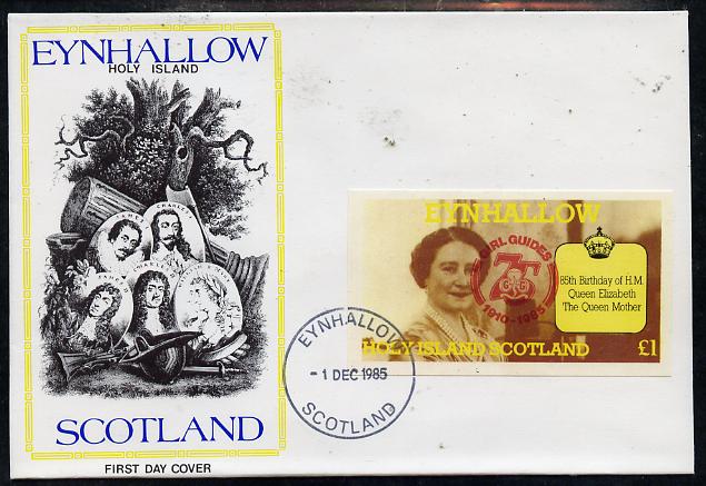 Eynhallow 1985 Life & Times of HM Queen Mother imperf souvenir sheet (£1 value) with Girl Guide 75th Anniversary opt in red, on cover with first day cancel