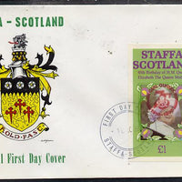 Staffa 1985 Life & Times of HM Queen Mother imperf souvenir sheet (£1 value) with Girl Guide 75th Anniversary opt in red, on cover with first day cancel