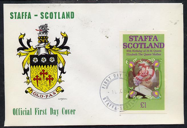 Staffa 1985 Life & Times of HM Queen Mother imperf souvenir sheet (£1 value) with Girl Guide 75th Anniversary opt in red, on cover with first day cancel