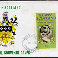 Staffa 1985 Life & Times of HM Queen Mother imperf souvenir sheet (£1 value) with Girl Guide 75th Anniversary opt in black, on cover with first day cancel