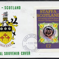 Staffa 1985 Life & Times of HM Queen Mother imperf deluxe sheet (£2 value) with Girl Guide 75th Anniversary opt in black, on cover with first day cancel