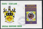 Staffa 1985 Life & Times of HM Queen Mother imperf deluxe sheet (£2 value) with Girl Guide 75th Anniversary opt in black, on cover with first day cancel