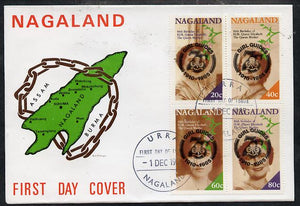 Nagaland 1985 Life & Times of HM Queen Mother perf set of 4 with Girl Guide 75th Anniversary opt in black, on cover with first day cancel