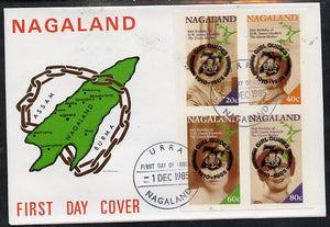 Nagaland 1985 Life & Times of HM Queen Mother imperf set of 4 with Girl Guide 75th Anniversary opt in black, on cover with first day cancel