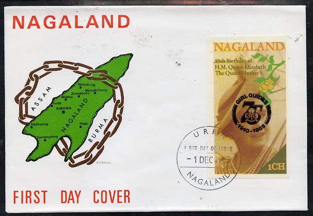 Nagaland 1985 Life & Times of HM Queen Mother imperf souvenir sheet (1ch value) with Girl Guide 75th Anniversary opt in black, on cover with first day cancel