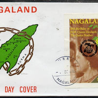 Nagaland 1985 Life & Times of HM Queen Mother imperf deluxe sheet (2ch value) with Girl Guide 75th Anniversary opt in black, on cover with first day cancel