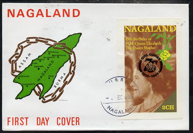 Nagaland 1985 Life & Times of HM Queen Mother imperf deluxe sheet (2ch value) with Girl Guide 75th Anniversary opt in black, on cover with first day cancel